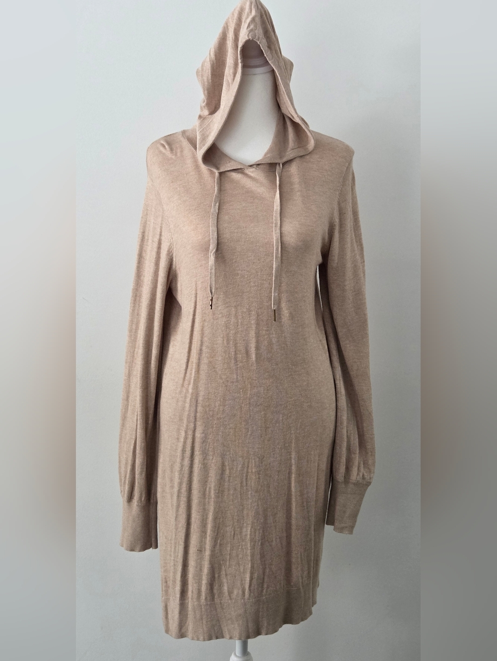Beige Hooded Long Sleeve Dress